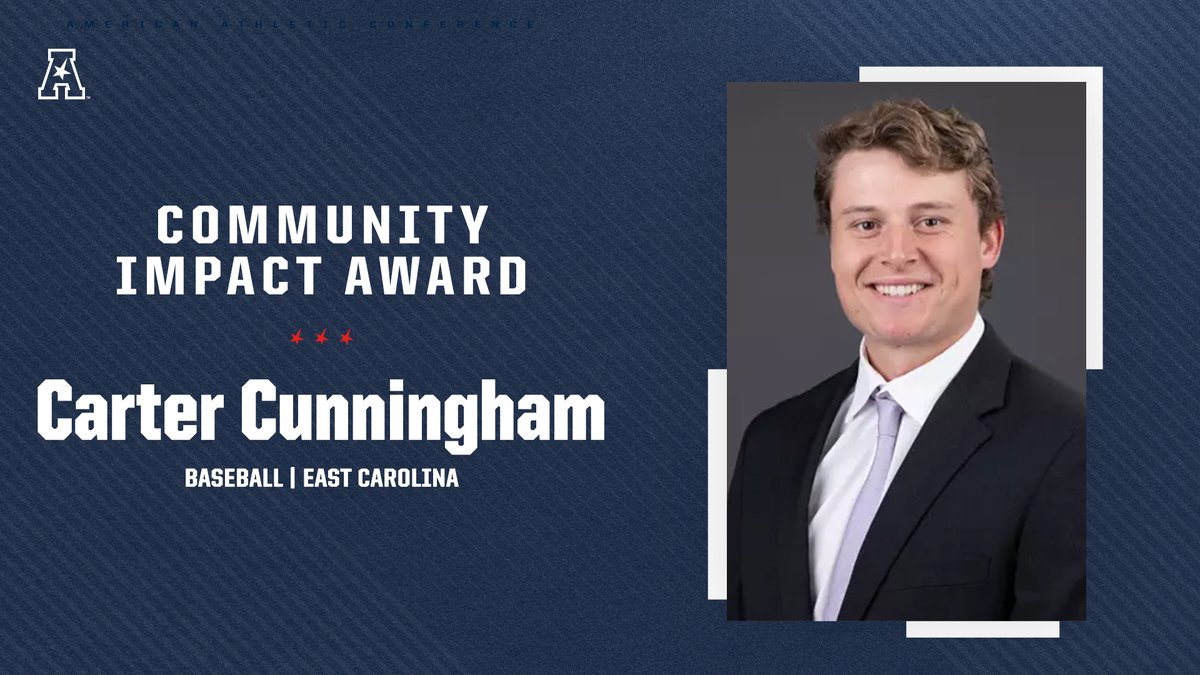 American_Conf's tweet photo. Congratulations to Carter Cunningham of @ECUBaseball who has been selected as the 2024 recipient of The American's Community Impact Award👏

Cunningham founded the Homers that Help Foundation,  raising nearly $27,000 for the children and families who are being cared for by the Maynard’s Children’s Hospital in Greenville. 

🔗 https://t.co/g87zTsYbDM