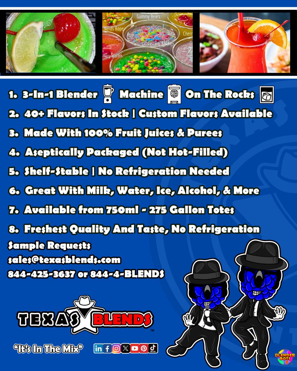 TexasBlends's tweet photo. What's more important than your 1️st drink sale? The 2️nd! 🤓📈🍹
"Texas Blends, It's In The Mix"
Samples | Foodservice | Distribution | Retail ⤵️
sales@texasblends.com 📩
844-4-BLENDS | 844-425-3637 📲
Texas Blends | #DrinkMath | #ItsInTheMix
Follow The Blues Berry Brothers & The @RealBlenderbots