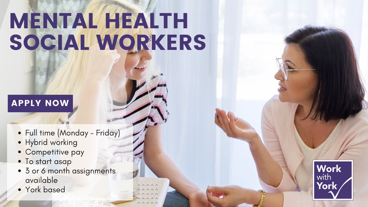 _WorkwithYork's tweet photo. @WorkwithYork are recruiting Mental Health Social Workers in York. To start asap. Full time. Hybrid working. 3 &amp; 6 month temporary assignments. For more info, call Kathryn on 01904 566066, &amp; to apply, visit https://t.co/bU8XT62ehD 
#Jobs #York #jobopportunities https://t.co/EaSdhznhIQ