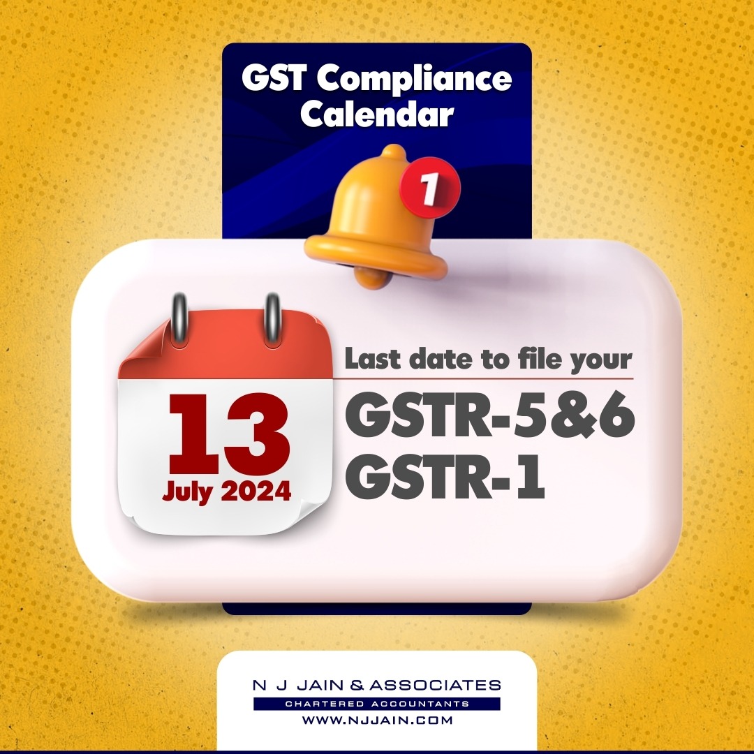 associates_nj's tweet photo. Attention Businesses: Ensure your GSTR-5, GSTR-6 &amp; GSTR-1 are filed by today i.e., 13th July 2024, for seamless GST compliance.

#GST #gstreturns #gstindia #GST1 #GST5 #GST6 #njjain #gstupdates #taxes #charteredaccountant #lastdate #Hurry #GSTRegistration https://t.co/CRWbclwnCq