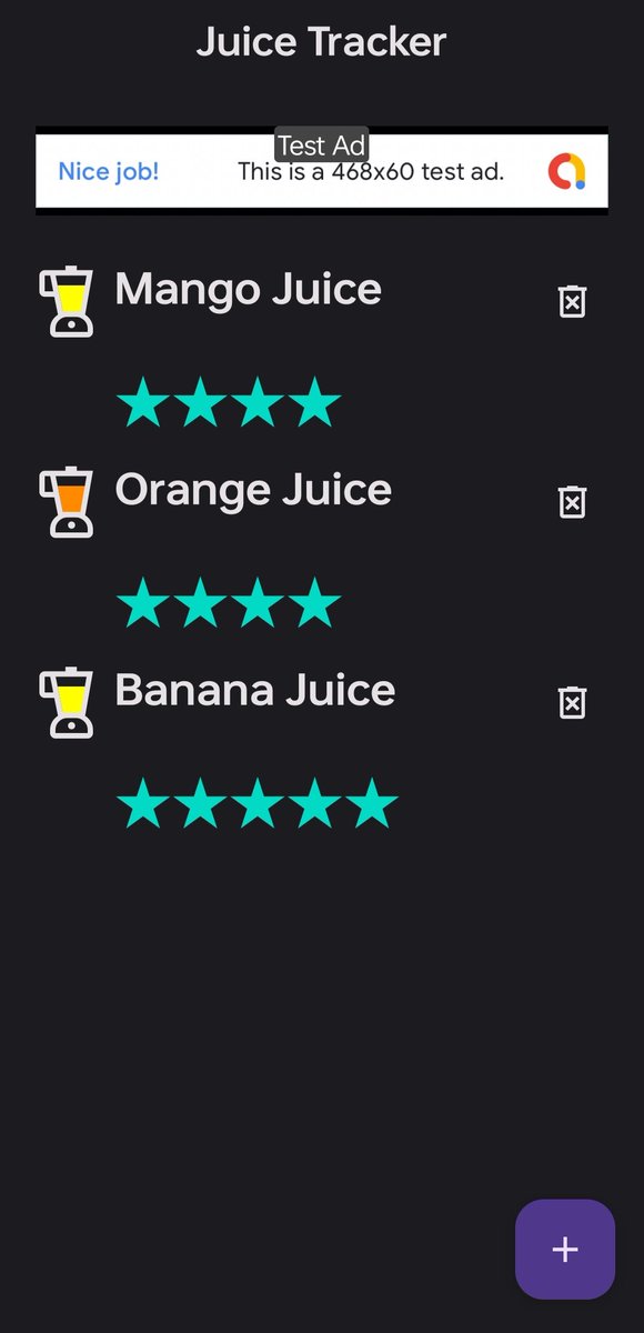 Hey folks, Today I learned about the Android Views layout, use of Advertisment bloc and how to use compose inside view Architecture.
Today I made this Juice tracker app, in which we can add the juice name with its colour and also can give it a rating.
Happy Coding
#AndoridBasics