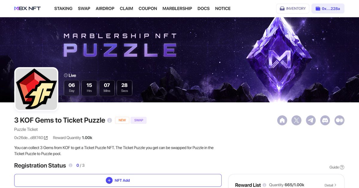 gamechaiin's tweet image. Ticket Puzzles can be exchanged for random Puzzle NFTs at MBXNFT’s Swap Pool! 

🎟️🔄 A small amount of Klay ($0.01 or less) is needed as a gas fee. 
#NFTAnimels  #CryptoFun

Plan your swaps carefully! 
Required NFTs will be burnt during the process. ♨️ #NFTGuide #CommunityMBX…