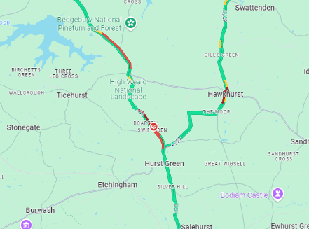 SylvMelB's tweet photo. #HurstGreen: #A21 London Road partly blocked both ways due to an accident between the #B2099 and the #A229 Coopers Corner @SussexTW @SussexIncidents https://t.co/OHj41JCIhL