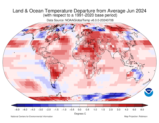 NOAASatellitePA's tweet photo. .@NOAA: June 2024 was Earth's warmest June on record and the world's 13th consecutive month of record-warm temperatures. This ties May 2015-May 2016 for the longest record-warm global temperature streak in the modern record. https://t.co/Kl5iKemsKc #StateOfClimate #Climate https://t.co/H7TSjbvswP