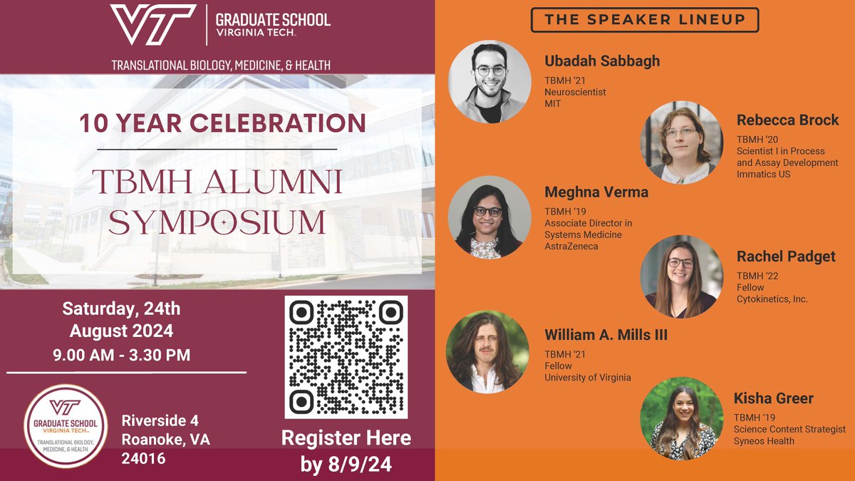 We are excited to announce VT's Translational, Biology, Medicine, &amp; Health 10 year celebration! Please join us on Sat., August 24. Hear from TBMH alumni &amp; celebrate 10 years of accomplishments of TBMH students, faculty, the program and more! Register Here: forms.gle/XcjgZybfGY5e2t…