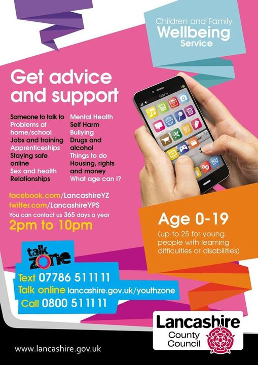 Youthzone (@lancashireyps) on Twitter photo Talkzone is now fully operational and up and running which includes:
Text service on 07786 51 11 11
Webchat service: lancashire.gov.uk/youthzone/get-…
Call: 0800 51 11 11
Email: talkzone@lancashire.gov.uk Talkzone is now fully operational and up and running which includes:
Text service on 07786 51 11 11
Webchat service: lancashire.gov.uk/youthzone/get-…
Call: 0800 51 11 11
Email: talkzone@lancashire.gov.uk