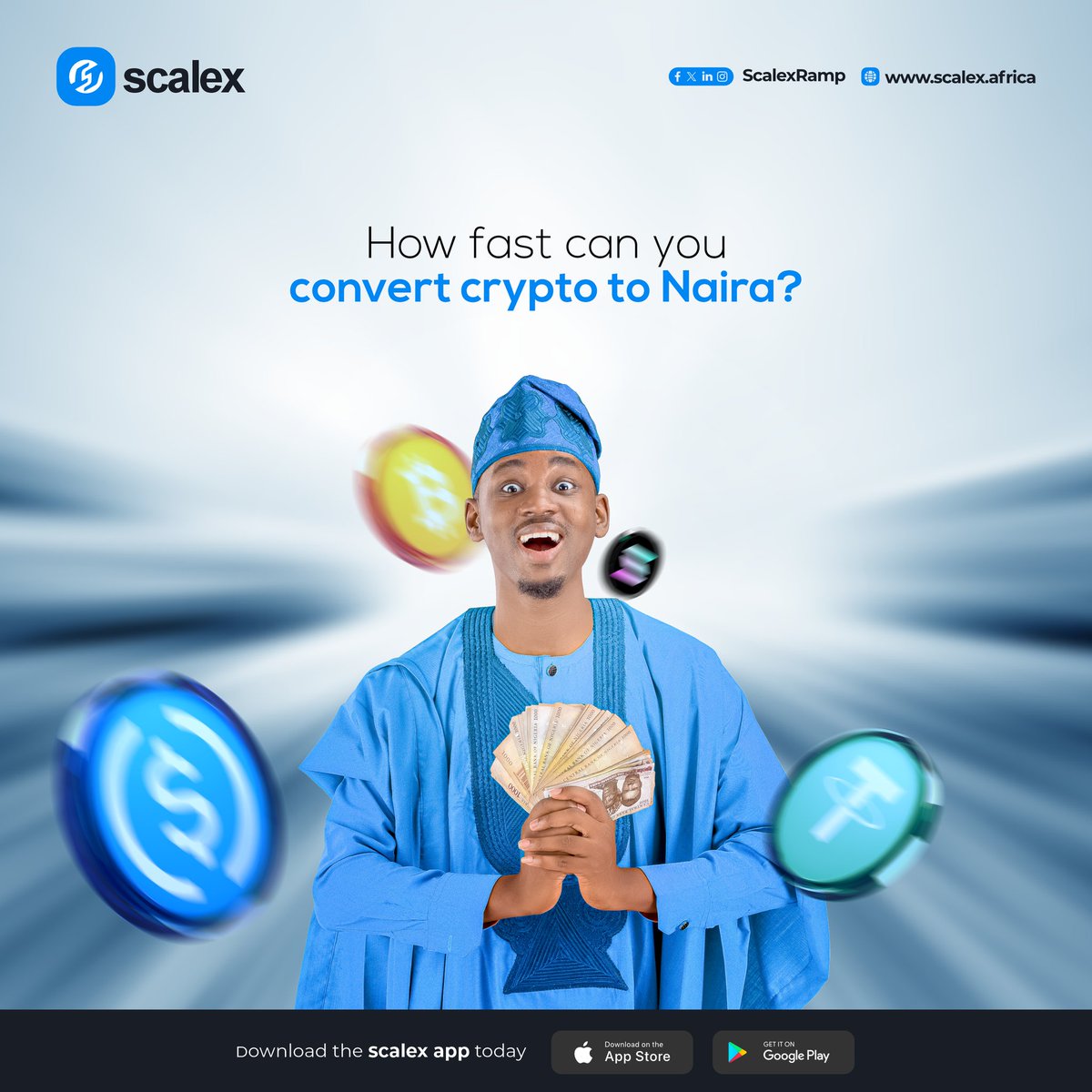 Change crypto to Naira like a BDC Alhaji in under 3 seconds!

We have cut out the need for the middleman to make on/off-ramp access smooth from the comfort of your device.

Be it through checkout.scalex.africa or the Scalex App (Android 👉bit.ly/426xsbG | iOS