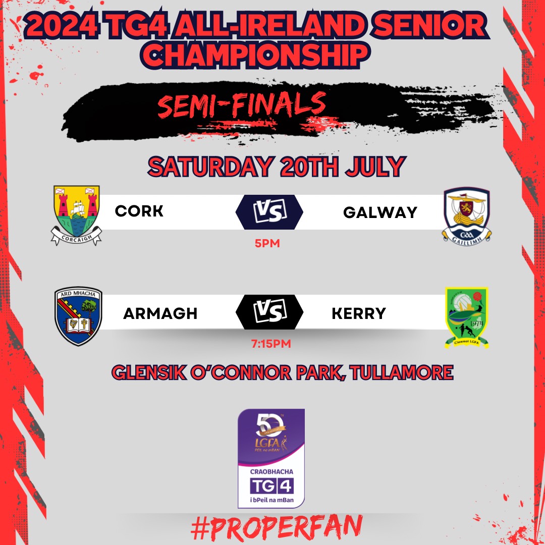 Get your tickets now for the next Saturday’s <a href="/TG4TV/">TG4</a> All-Ireland Senior Championship semi-finals 🎫🏐

<a href="/CorkLGFA/">Cork LGFA</a> v <a href="/GalwayLgfa/">Galway LGFA</a>- 5pm

<a href="/ArmaghLGFA/">ArmaghLGFA</a> v <a href="/kerryladiesfoot/">KerryLGFA</a> - 7.15pm

➡️ bit.ly/4bI6agg

<a href="/SportTG4/">Spórt TG4</a> #ProperFan
