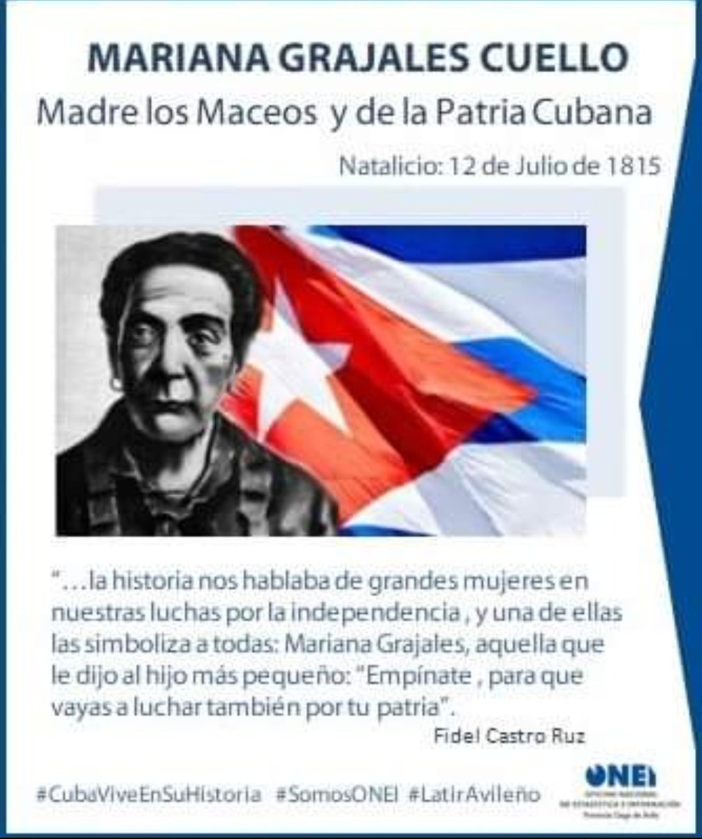 AvilaOnei's tweet photo. #Cuba rinde homenaje a #MarianaGrajales, Madre de los Maceos y Madre de la Patria, símbolo de amor, rebeldía y entrega a la causa de la independencia. Guía e inspiración de las mujeres cubanas, hoy y siempre, vencedoras d imposibles. #LatirAvileño @CubaONEI #MujeresEnRevolucion https://t.co/v08axB4kPo