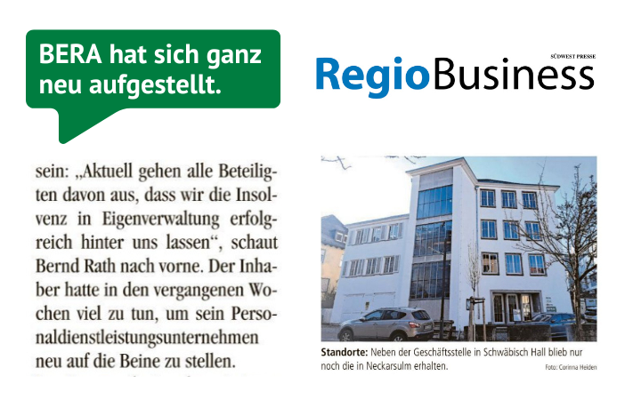 BERAGmbH's tweet photo. BERA hat sich ganz neu aufgestellt, schreibt das Wirtschaftsmagazin RegioBusiness: Der Personaldienstleister aus Schwäbisch Hall hat sich neu aufgestellt und sieht einer erfolgreichen Zukunft entgegen. 👉 https://t.co/i1dSGmoc8A #BERA #Workbefinden #Transformation https://t.co/pPe74pycyC