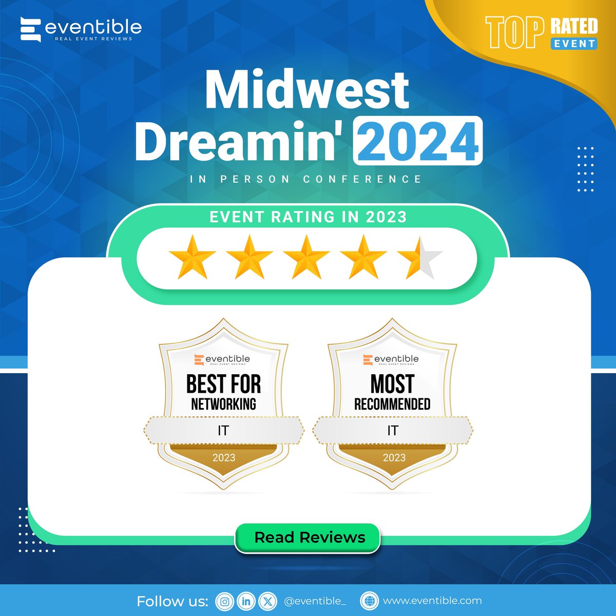 Eventible_'s tweet photo. Midwest Dreamin' 2023 has earned top-rated badges on our platform through impactful reviews by attendees🎖️
@MidWest_Dreamin
🌐Read more reviews - https://t.co/3O9whvqQ0D
#TopRatedEvents #B2BEvents #MWD23 #ITEvents #EventReviews #EventBadges #Eventible https://t.co/x3z6aPXXk0