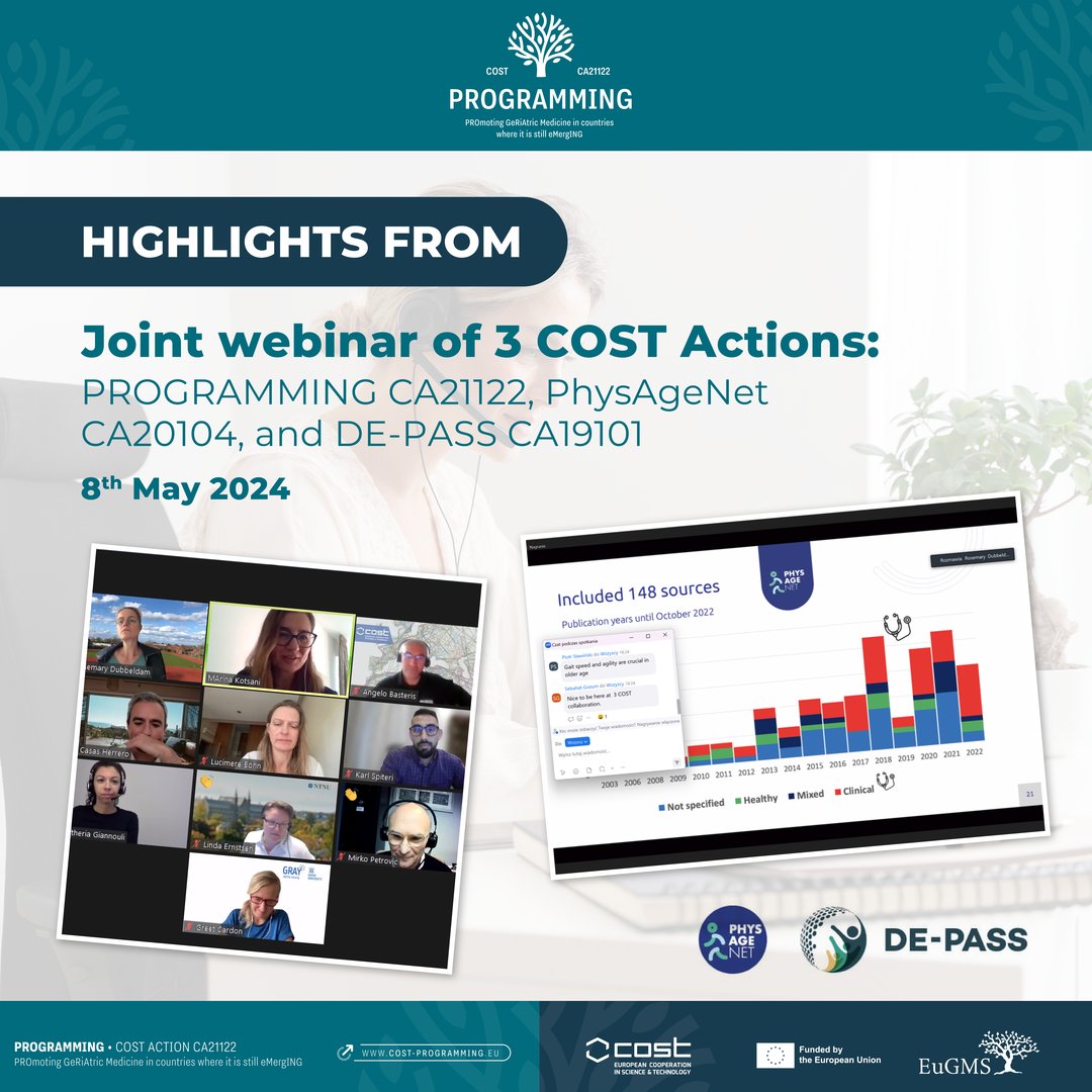 118 members from 3 COST Actions - PROGRAMMING CA21122, <a href="/physagenet/">EU COST Action PhysAgeNet</a> CA20104, and <a href="/DEPASS_EU/">DE-PASS</a> CA19101 - participated in the joint webinar “Physical Activity in Older Age Across Europe“! 🌍 It was a great opportunity to see how our Actions complement each other! 🤝✨
 @costprogramme