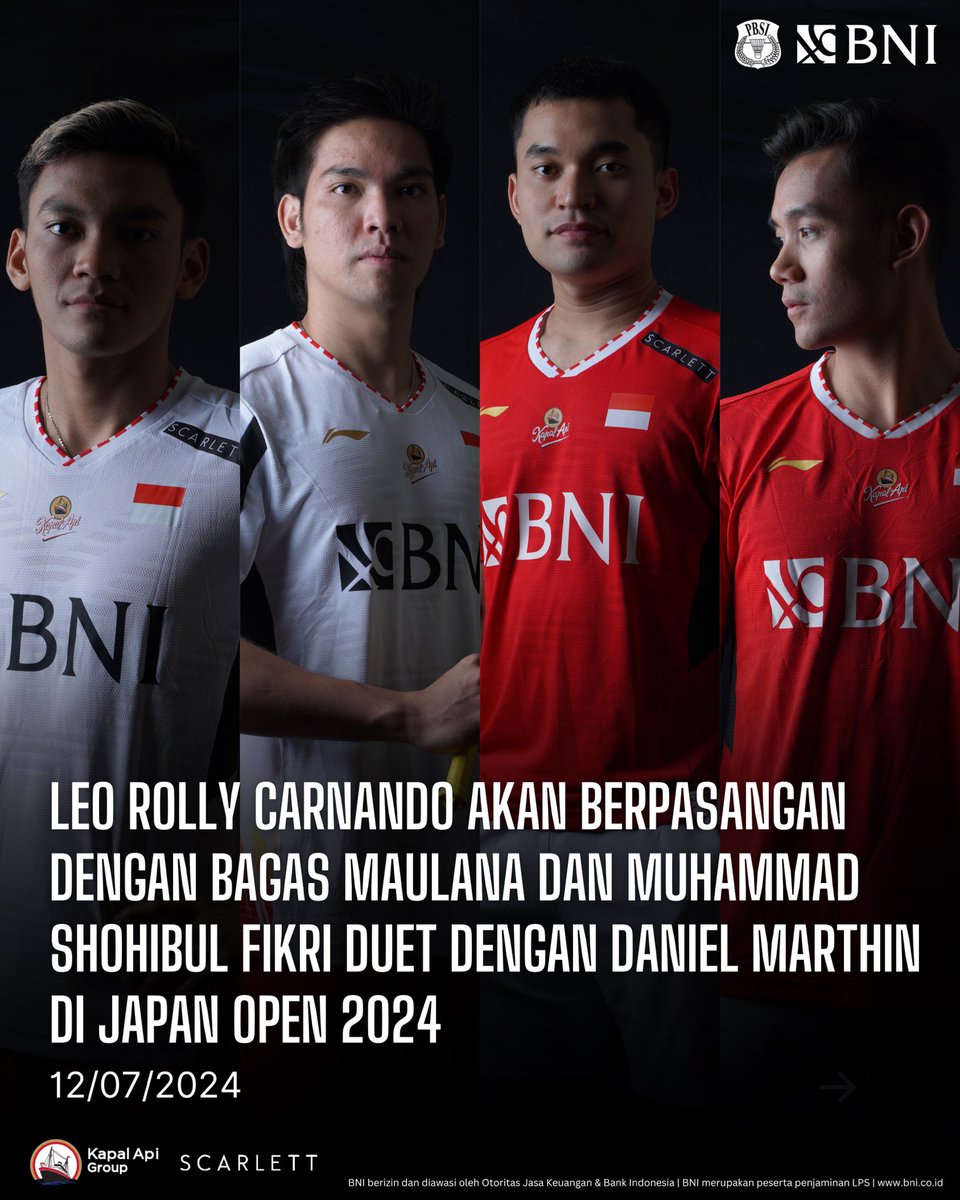 INABadminton's tweet photo. Komposisi Baru, Semangat Baru 🔥

Sektor ganda putra Indonesia mengalami perubahan komposisi di Japan Open 2024.

Leo Rolly Carnando akan berpasangan dengan Bagas Maulana, sementara Muhammad Shohibul Fikri diduetkan dengan Daniel Marthin.

Menyala🔥

#JapanOpen2024
#KitaIndonesia
#BadmintonIndonesia
#MenjagaMerahPutih
@BNI 
#BNIGlobalReachIndonesianPride