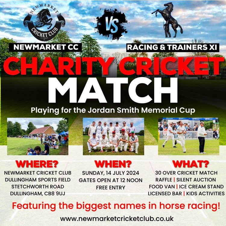 John Berry (@johnwathenberry) on Twitter photo This should be a most enjoyable way of spending this coming Sunday: the charity cricket match at Dullingham, <a href="/newmarket_cc/">Newmarket Cricket Club</a> v. a Newmarket racing/trainers’ XI. Held in memory of the much-missed Jordan Smith, a very popular member of the local racing community & keen cricketer. This should be a most enjoyable way of spending this coming Sunday: the charity cricket match at Dullingham, <a href="/newmarket_cc/">Newmarket Cricket Club</a> v. a Newmarket racing/trainers’ XI. Held in memory of the much-missed Jordan Smith, a very popular member of the local racing community & keen cricketer.