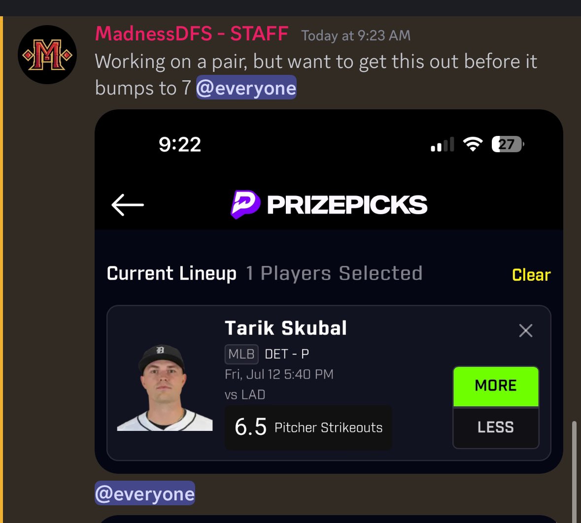 MadnessDFS's tweet photo. Members of @TheSharpApp discord got it before the bump 🚨

#PrizePicks https://t.co/cnIn82we13