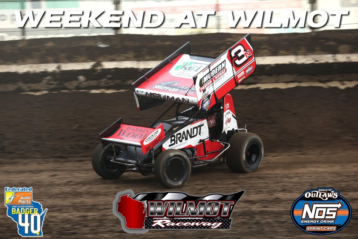 Jake Neuman (@jake_neuman3n) on Twitter photo Itโs a weekend at Wilmot for Jake Neuman Racing! Jake will be racing the Badger 40.
๐บ <a href="/dirtvision/">DIRTVision</a>
๐ <a href="/WorldofOutlaws/">World of Outlaws</a>
๐ Wilmot Raceway
๐ฑ Live timing <a href="/MyRacePass/">MyRacePass</a>
โฐ Hot laps at 6:30 pm with racing to follow
<a href="/BRANDT_co/">BRANDT</a> | <a href="/FKrodends/">Team FK</a> | <a href="/SmithTitanium/">SmithTitanium</a> | <a href="/RaceMaxims/">Maxim Racing, Inc.</a> Itโs a weekend at Wilmot for Jake Neuman Racing! Jake will be racing the Badger 40.
๐บ <a href="/dirtvision/">DIRTVision</a>
๐ <a href="/WorldofOutlaws/">World of Outlaws</a>
๐ Wilmot Raceway
๐ฑ Live timing <a href="/MyRacePass/">MyRacePass</a>
โฐ Hot laps at 6:30 pm with racing to follow
<a href="/BRANDT_co/">BRANDT</a> | <a href="/FKrodends/">Team FK</a> | <a href="/SmithTitanium/">SmithTitanium</a> | <a href="/RaceMaxims/">Maxim Racing, Inc.</a>