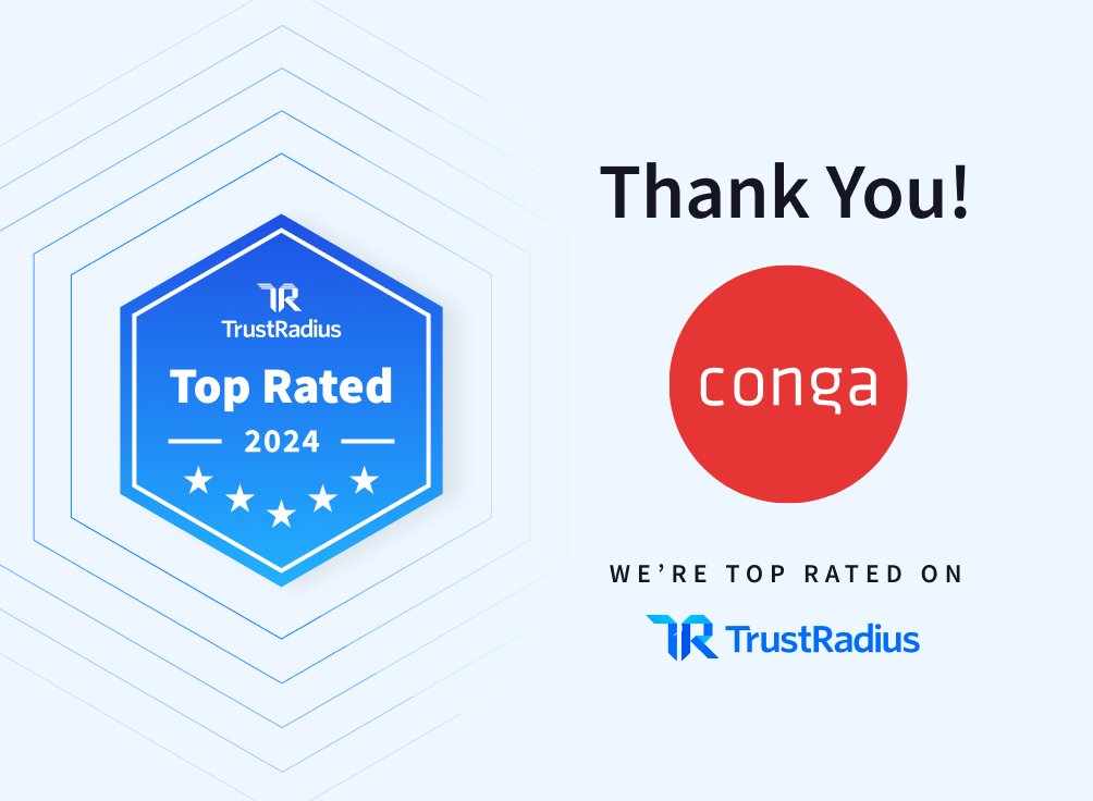 CongaHQ's tweet image. Proud to share that Conga has received the 2024 Top Rated Awards from @TrustRadius! Recognized for excellence in 8 categories. Details: okt.to/W8kOiK #TopRated #TechAwards #CustomerSuccess #BusinessExcellence