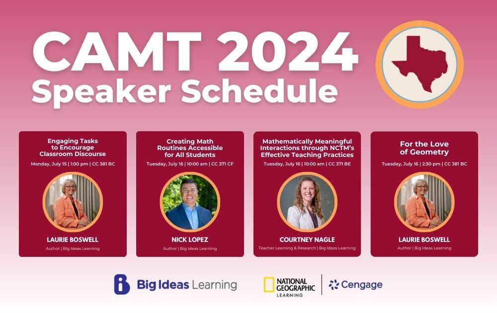 Big Ideas Learning (@bigideasmath) on Twitter photo Calling all Texas Educators! π’
Experience why Big Ideas Learning is one of the top publishers in the industry by joining members of our authorship team for professional development sessions at <a href="/CAMT_TX/">CAMT Conference</a>!
<a href="/ExploreInside/">NatGeoLearning</a> #MathTeachers #CAMT2024 #ProfessionalDevelopment Calling all Texas Educators! π’
Experience why Big Ideas Learning is one of the top publishers in the industry by joining members of our authorship team for professional development sessions at <a href="/CAMT_TX/">CAMT Conference</a>!
<a href="/ExploreInside/">NatGeoLearning</a> #MathTeachers #CAMT2024 #ProfessionalDevelopment