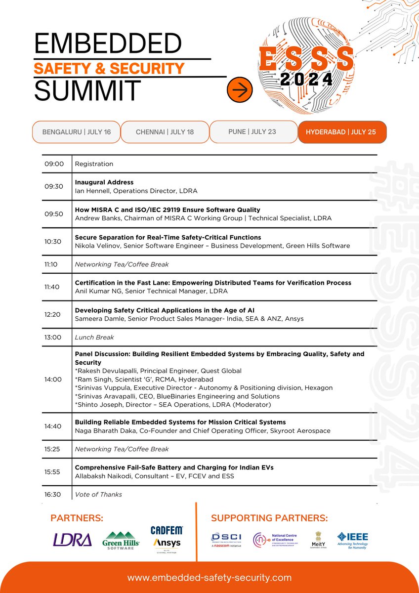 ESSSUMMIT's tweet photo. 🚀 Discover what's unfolding at #ESSS24 in Hyderabad! Dive into our agenda and see the transformative discussions and tech showcases you'll miss if you're not there. REGISTER AT: https://t.co/oi8puxgsO2.
 #HyderabadSummit #TechLeadership https://t.co/4MuK8aPypA