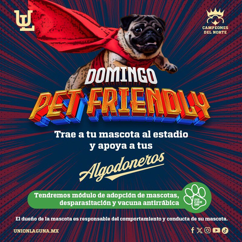 AlgodonerosUL's tweet photo. Atención #FamiliaAlgodoneros 🗣️
Este domingo 14 de julio, abrimos las puertas a nuestras mascotas 🥰🐶
No olvides su correa y bolsa para recoger heces. Aprovecha el módulo de adopción, vacunación y desparacitación por parte de nuestros amigos de #ControlCanino 🐕 https://t.co/eq5e8eIFLS
