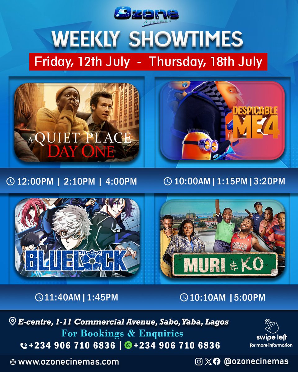 ozonecinema's tweet photo. Here's our movie lineup this Weekendโฆ.Whatโs Yours?
Check out our list for the #weekend and
grab #tickets and your popcorn to join us for an exciting experience @OzoneCinemas
#DespicableMe4 #Insideout2 #BlueLockTheMovie-EPISODE NAGI #MuriAndKo #WhatAboutUs
#moviesshowtimes https://t.co/MXlHmFts1o