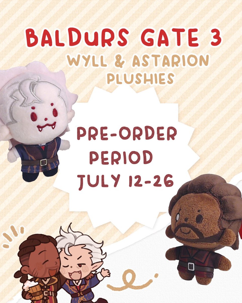 miyabau's tweet photo. ⚔ ASTARION &amp; WYLL: PLUSHIE PRE-ORDERS 🦇

The Blade of Frontiers &amp; the Pale Vampire... are now available in plush form! Pre-orders for these BG3 plushies are open JULY 12-26. Thanks for looking :)

🍻 RT&amp;follow to try win a plushie of your choice!
🔗 https://t.co/wAw4vgkzhy https://t.co/Qm5QWC344c