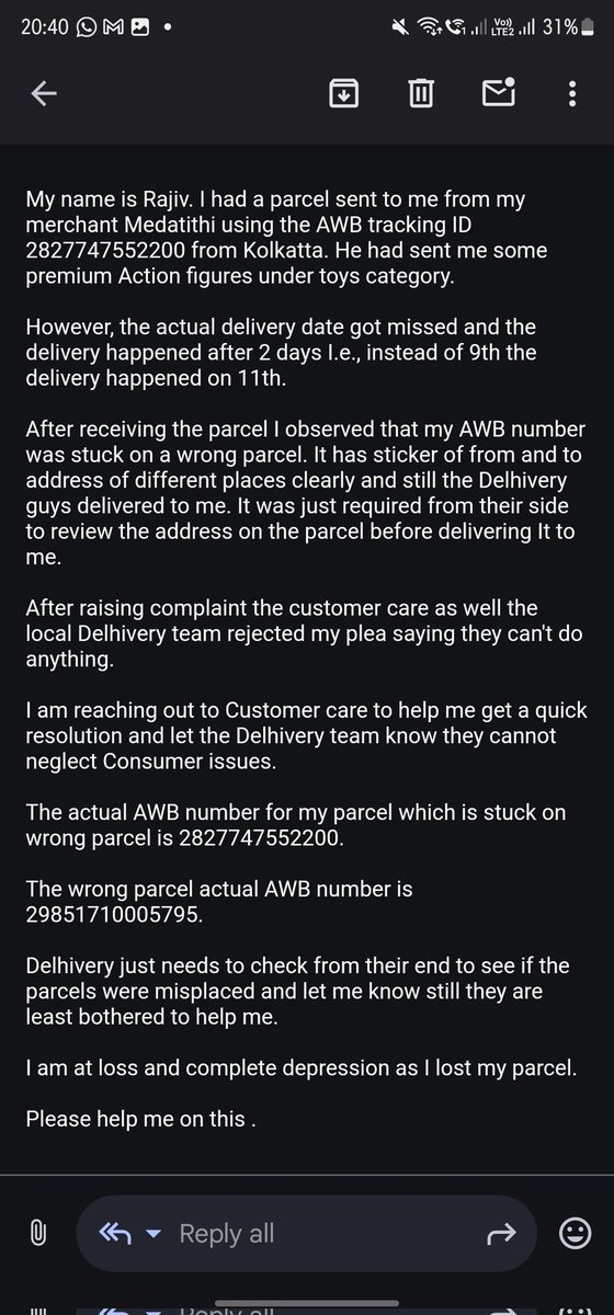 dadirajiv's tweet photo. @help_delhivery @delhivery 
I want to bring to your notice a big time mishap.

My AWB number has wrongly been stuck in different package by your guys and delivered to me. Nobody is helping me. https://t.co/BHe4UPU9Eo