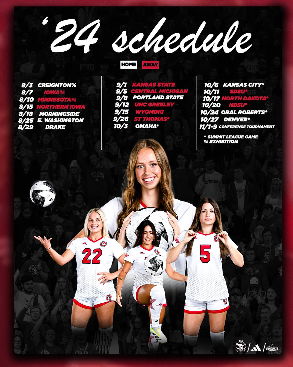 𝐓𝐇𝐄 𝟐𝟎𝟐𝟒 𝐒𝐂𝐇𝐄𝐃𝐔𝐋𝐄! 🙌

Our non-conference slate has been announced! We'll see you at First Bank &amp; Trust Soccer Complex August 3 😎

📰: yote.us/3xUjNLd

#GoYotes x #WeAreSouthDakota 🐾