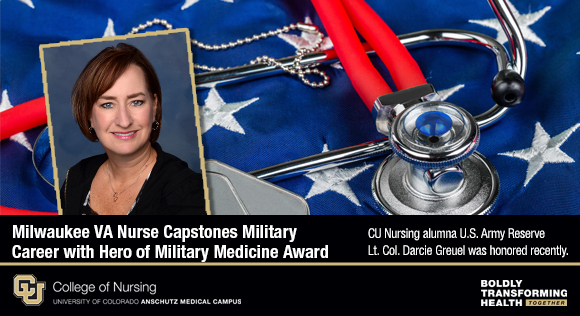 NursingCU's tweet photo. Congrats to #CUNursing alumna Lt. Col. Darcie Greuel! She graduated with an MS in Nursing/VMHC specialty and was recently honored with a Hero of Military Medicine Award for her work at the Milwaukee VA Medical Center.
https://t.co/BzGVPrlQeP
#CUAnschutz #CUNursingAlumni #VMHC https://t.co/yvbK3FOkeF