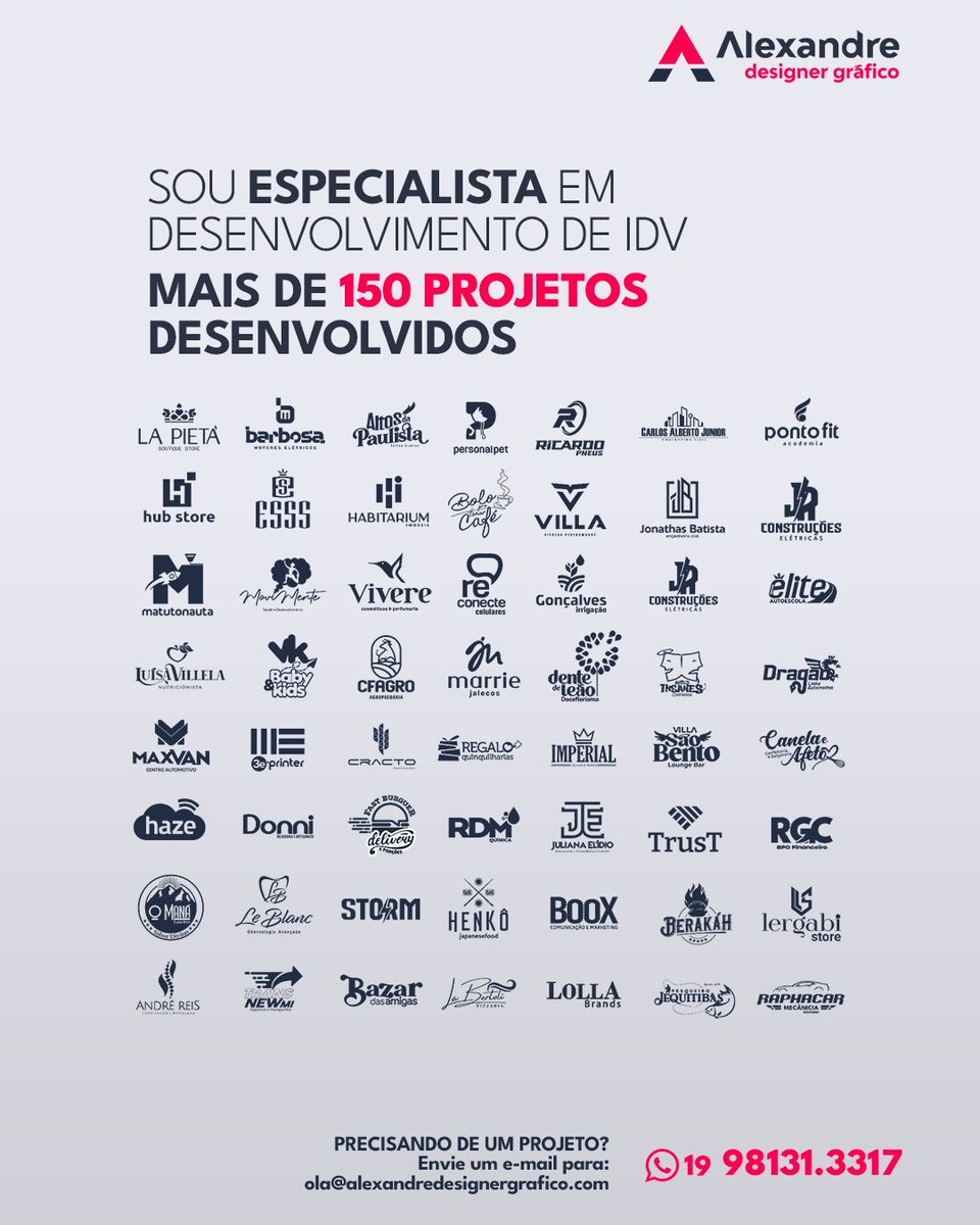 AlexandreDesig4's tweet photo. Olá, sou Alexandre Pelegrino – Designer
Só aqui em São João da Boa Vista foram mais de 150 projetos de Identidade Visual desenvolvidos.

Peça sua proposta pelo Whats (19) 98131.3317
https://t.co/88He7886dU ou
ola@alexandredesignergrafico.com

#brandingdesign #logoideas https://t.co/wsdAHg6sD7
