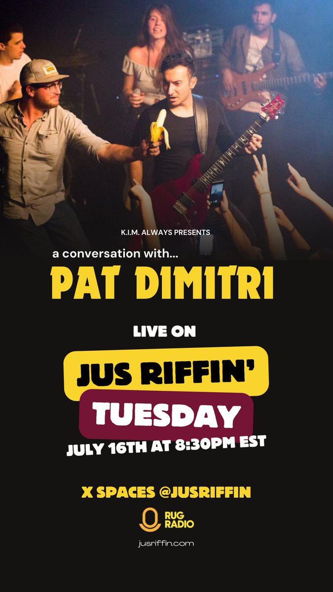 JewHefner's tweet photo. Don't miss the incredible Pat Dimitri @Pat_Dimitri on "Jus Riffin'" with hosts @iiiisoul and Yours Truly! ๐ธ
๐ท Tune in Tuesday, July 16th at 8:30 PM EST on X Spaces @JusRiffin, Powered by @RugRadio.
#PatDimitri #JusRiffin #RugRadio
Set your reminder โฌ๏ธ https://t.co/SVe6U9jL6d