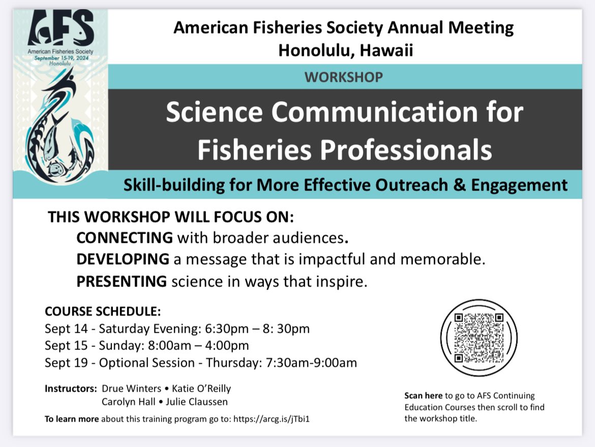 AFS SciComm Section (@afs_scicomm) on Twitter photo ‘Tis the season for the <a href="/AmFisheriesSoc/">American Fisheries Society</a> ANNUAL MEETING 🥳
Build your #fishscicomm skills (and hang out with really cool people) at this wonderful 2-day workshop in Honolulu - Space is limited, register today!
🗓️ Early registration for the meeting ends next Friday, 19 July ‘Tis the season for the <a href="/AmFisheriesSoc/">American Fisheries Society</a> ANNUAL MEETING 🥳
Build your #fishscicomm skills (and hang out with really cool people) at this wonderful 2-day workshop in Honolulu - Space is limited, register today!
🗓️ Early registration for the meeting ends next Friday, 19 July