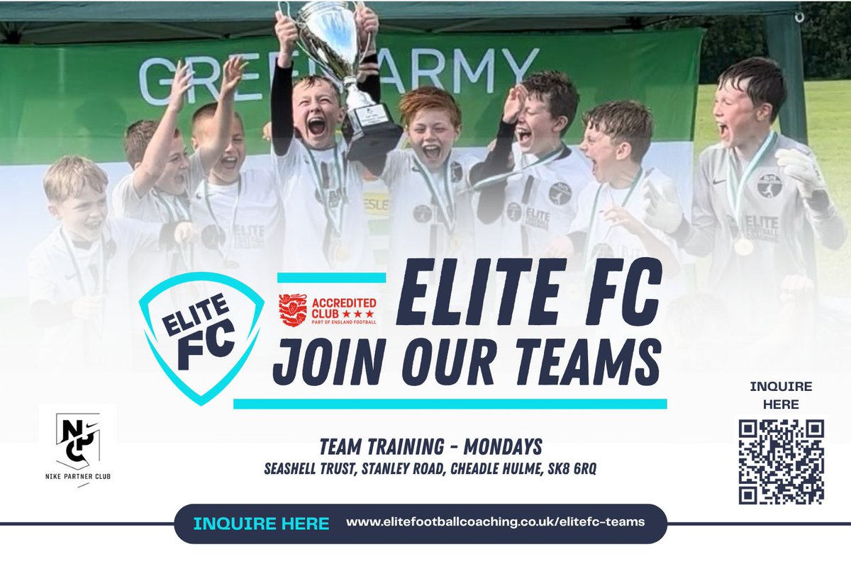 ⚪️| TEAM SPACES AVAILABLE ‼️

We still have a handful of spaces available in our Elite FC teams for the 24/25 Season

✔️ Professional Weekly Coaching
✔️ Excellent 3G Training / Match Facilities
✔️ FA Accredited 3 Star Club ⭐️⭐️⭐️
____________________________________

U8 | High