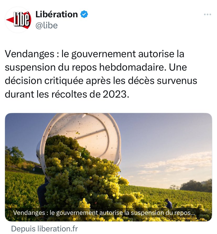 Clemence_Guette's tweet photo. À quelques heures de sa chute, nouvel assaut de la macronie contre le code du travail.

Un décret publié hier permet de faire travailler les saisonniers des vendanges sans jour de repos.

Dans quel chaos vont-ils laisser le pays ?

https://t.co/tesWnK3a0Z https://t.co/K9Gt7UbBJ6