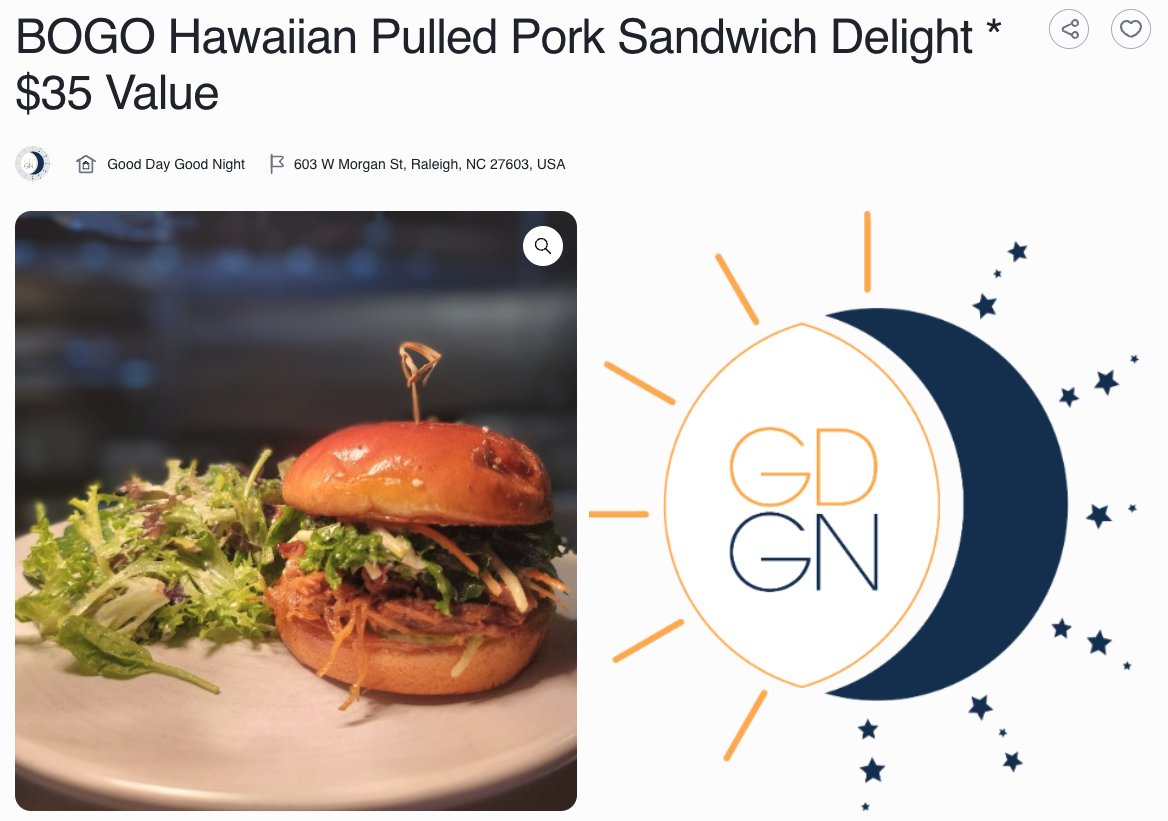 There is a delicious offer in #Raleigh for Saturday night only. #BOGO Hawaiian pulled pork sandwiches with side for only $20. There are only 6 left so hurry and snag one now!
app.reffo.deals/reffos/AFkJ9Ph…