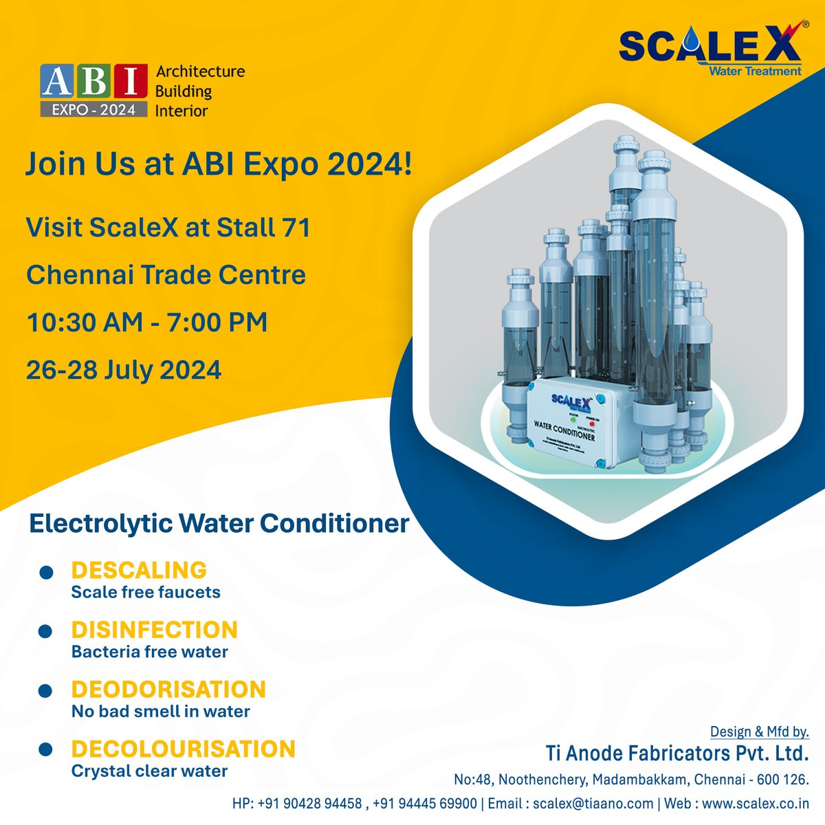 Ti_ScaleX's tweet image. Join us at the ABI Expo 2024!
Visit ScaleX by Tiaano at Stall 71, Chennai Trade Centre from 26-28 July 2024, 10:30 AM - 7:00 PM.
#WaterTechnology #CleanWater #SustainableSolutions #InnovativeTechnology #WaterQuality #Expo2024 #Tiaano #ScaleX #CleanWaterSolutions #WaterTreatment.