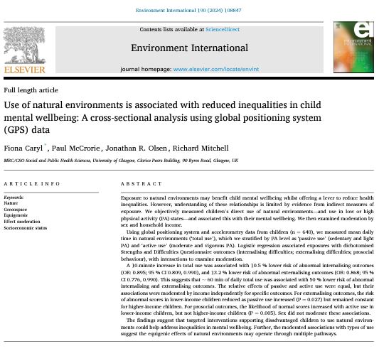 New paper: Use of nature 🌿 is associated with reduced inequalities in child mental wellbeing🧠

Read the OA paper here: doi.org/10.1016/j.envi…

#children #nature #mentalhealth  #greenspace #natureHealth #healthequity #greenspace #bluespace #PhysicalActivity #inequality #GPS