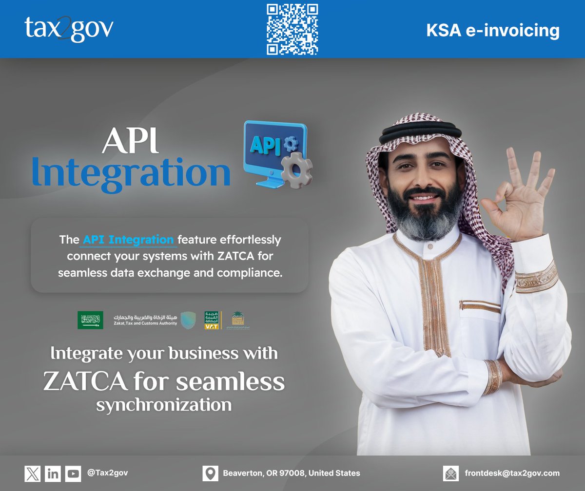 Tax2gov's tweet image. Streamline your processes with our #API_Integration feature! Easily connect your systems with #ZATCA for smooth data exchange & compliance, and retrieve real-time data with a user-friendly interface.
#ZATCAIntegration #SaudiArabia #VAT #einvoicing #zatcaphase2 #BusinessSolutions
