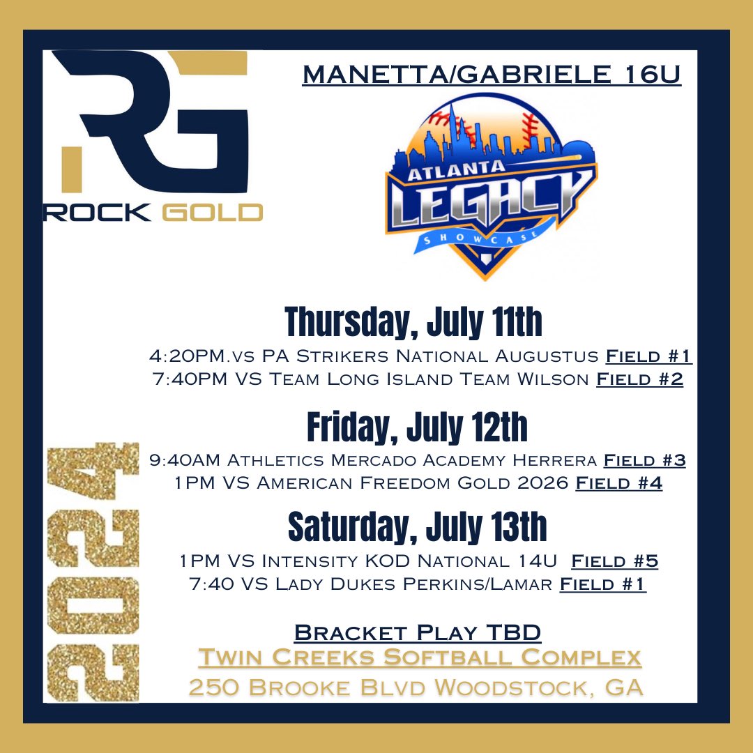 RockgoldMG's tweet photo. Games updated for Saturday! We went 1-1 yesterday. Ready to smash the competition today. Thanks to all the coaches that came out to watch us play! Back at it today at 9:40a! @legacyshowcase1 #RepTheRock #RockFam https://t.co/rMsYomQmUR