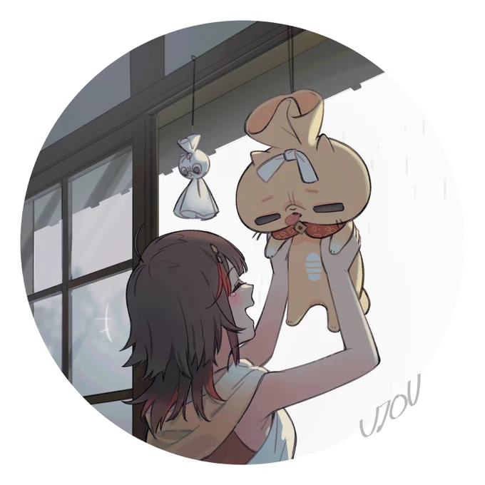 18匹目 「ほらきんちゃく!最近雨続いてていやでしょ?頑張って!」 てるてる坊主にされるきんちゃくと面白がってるねくちゃん。(くびつってないから安心してね!!!!!!) #101匹きんちゃく #きんちゃくの絵