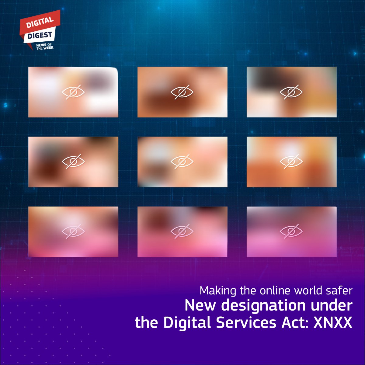 DigitalEU's tweet photo. Your weekly #DigitalDigest:

🔞XNXX will now have to comply with the #DSA obligations to protect users online

📲Affordable calls to &amp; from #Ukraine: ensuring that refugees can stay connected

🤖AI factories: EU's supercomputers available to #AI startups to train their AI models