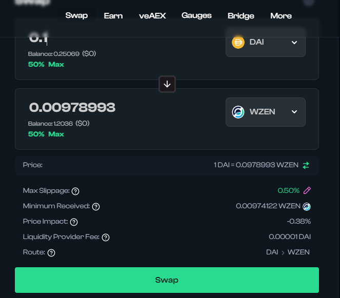 ionus12's tweet photo. I swapped $DAI to $ZEN using https://t.co/w1BLzf7Faq . I choose V3 to get low fee and fast smooth transaction. Let's start using DEX for crypto trading in #HorizenEON ecosystem. #EON is the best solution for us. https://t.co/k8sdrsiSgf