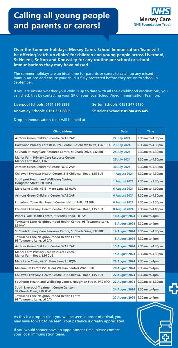 TheElmsMedLpool's tweet photo. Over the summer holidays, Mersey Care’s School Immunisation Team will be hosting a series of weekly catch up clinics offering children and young people in Liverpool any childhood and school immunisations they may have missed.

More info: https://t.co/3agqxm9iui… https://t.co/wBgHIXZm26