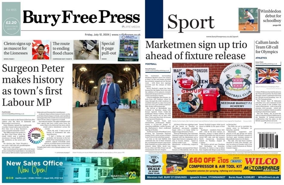 As the first Bury Labour MP takes Commons seat, we talk to Dr Peter Prinsley. Plus news of  #BuryStEdmunds Leisure Centre's £8m work and a resounding 'yes' vote for <a href="/ourburysteds/">Our Bury St Edmunds</a>. <a href="/buryfree/">Bury Free Press</a> is on sale all week or try our digi subscription at 50p a week, using website code SUMMER