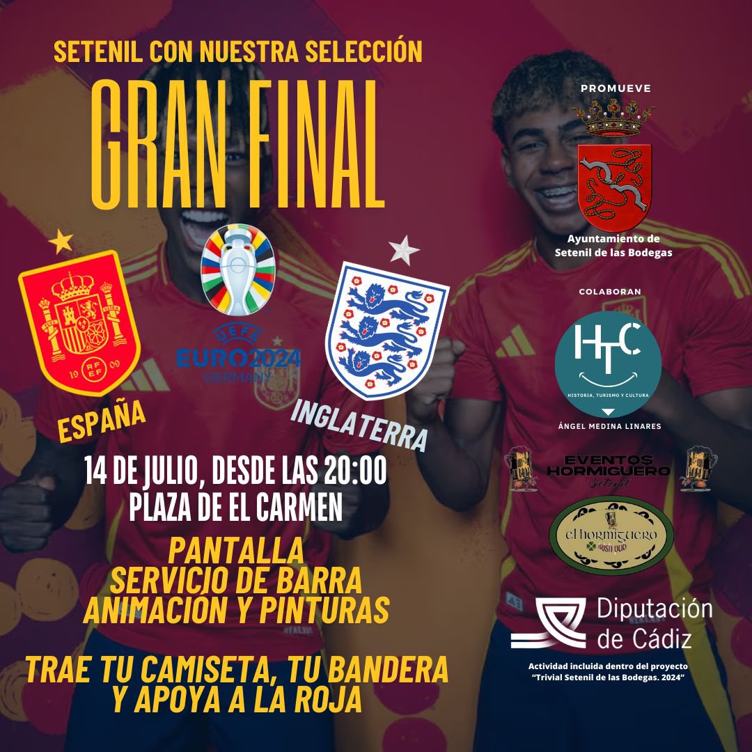 ¡TODOS CON LA SELECCIÓN ESPAÑOLA!

Este domingo, a partir de las 20, acompáñanos en LA PLAZOLETA DE “EL CARMEN” para vivir juntos este momento histórico. La Selección Española disputa la final de la Eurocopa.

¡Vamos a animar a nuestra selección en Setenil de las Bodegas!⚽️⚽️