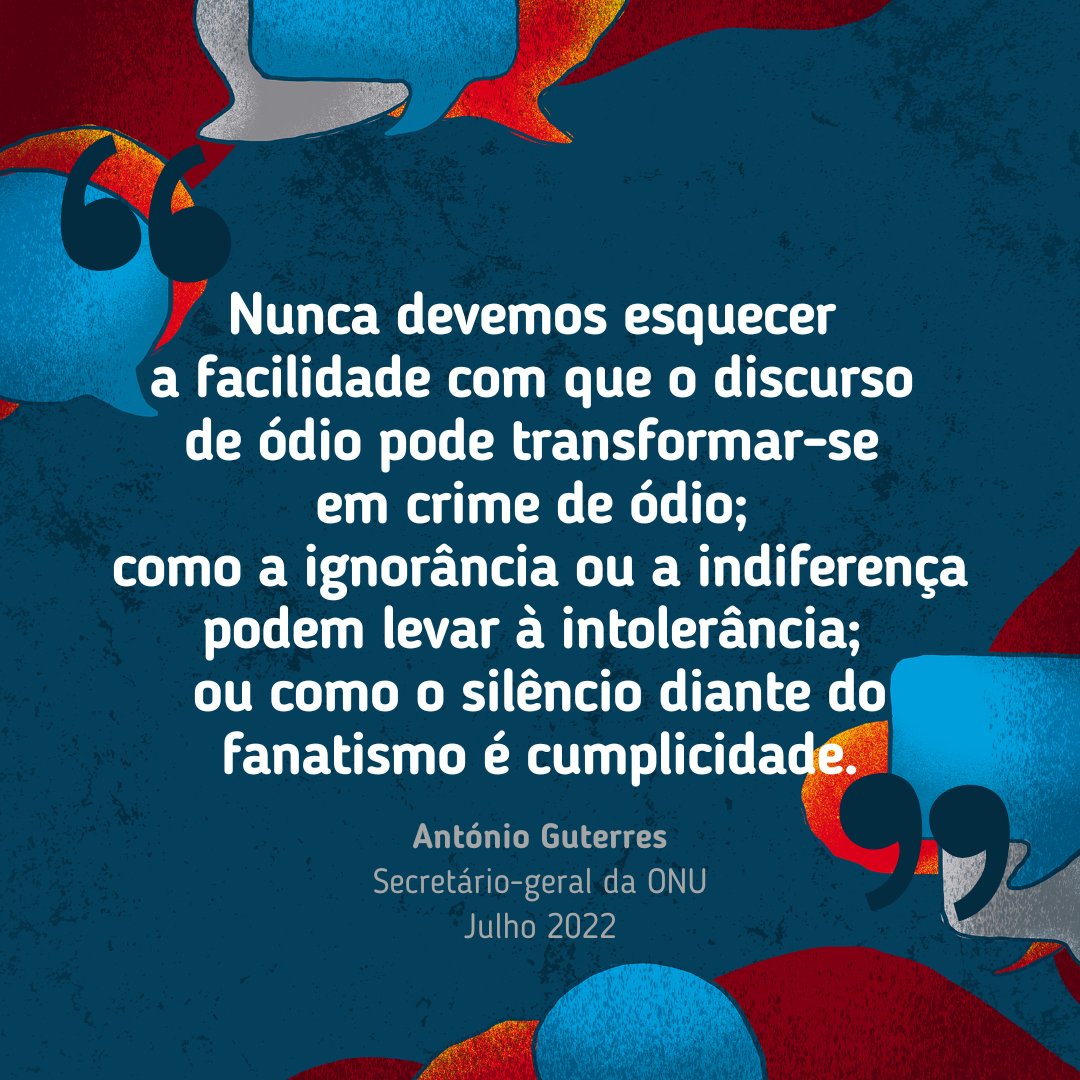 NacoesUnidas's tweet photo. “Nunca devemos esquecer a facilidade com que o discurso de ódio pode transformar-se em crime de ódio; como a ignorância ou indiferença podem levar à intolerância; ou como o silêncio diante da intolerância é cumplicidade"

@antonioguterres

Diga #NãoAoÓdio: https://t.co/feHGb6gIjX https://t.co/wSd1L21FKz
