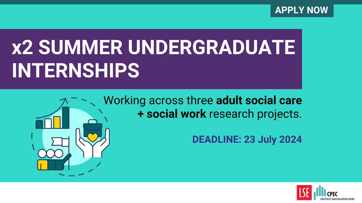 Care Policy and Evaluation Centre (@cpec_lse) on Twitter photo SUMMER #INTERNSHIP OPPORTUNITY❗️
We're looking for 2 #undergraduate interns to work w/ <a href="/chatty_sarah/">Dr Sarah Jasim</a> across three exciting #SocialCare and #SocialWork projects.
Spend summer building your #research skills.💡
APPLY BY 23 JULY:👉 lse.ac.uk/cpec/assets/do… SUMMER #INTERNSHIP OPPORTUNITY❗️
We're looking for 2 #undergraduate interns to work w/ <a href="/chatty_sarah/">Dr Sarah Jasim</a> across three exciting #SocialCare and #SocialWork projects.
Spend summer building your #research skills.💡
APPLY BY 23 JULY:👉 lse.ac.uk/cpec/assets/do…
