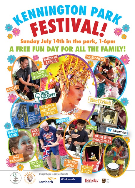Kennington Park Festival
Sunday July 14th 
1-6pm

<a href="/KenParkFriends/">Friends of Kennington Park</a> would like to invite you to attend their 4th annual festival.

The Festival has a great range of local partners, stall holders and community groups on the day. 

All welcome to attend!

#Kennington
