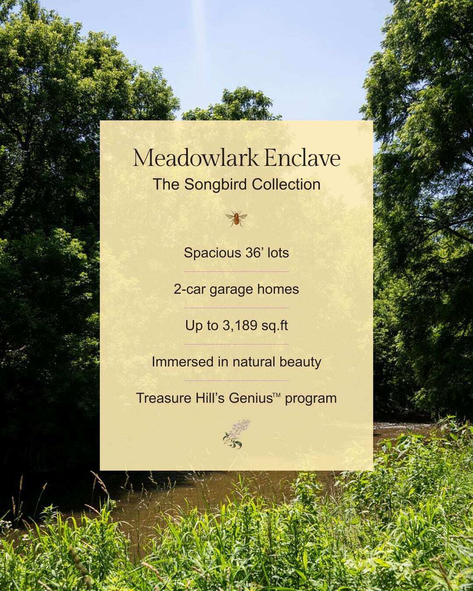 Birds serenade and natural beauty awaits at the Songbird Collection at Meadowlark Enclave in Bolton by Treasure Hill. Discover spacious living on 36' lots with 2-car garages. 🌿🐦 

Register now at hubs.ly/Q02Gj1vb0

#TreasureHill #MeadowlarkEnclave #SongbirdCollection