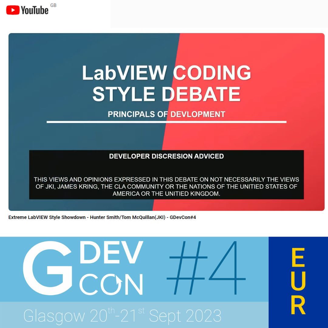 GDevConference's tweet image. Relive the 'Extreme #LabVIEW Style Showdown' from GDevCon 2023! Hunter Smith & Tom McQuillan from @JKIsoftware ended our last event with a fantastic battle engaging the audience to the end, it needs to be watched to be believed! bit.ly/LabVIEWShowdown #TechTalk #CodingStyle
